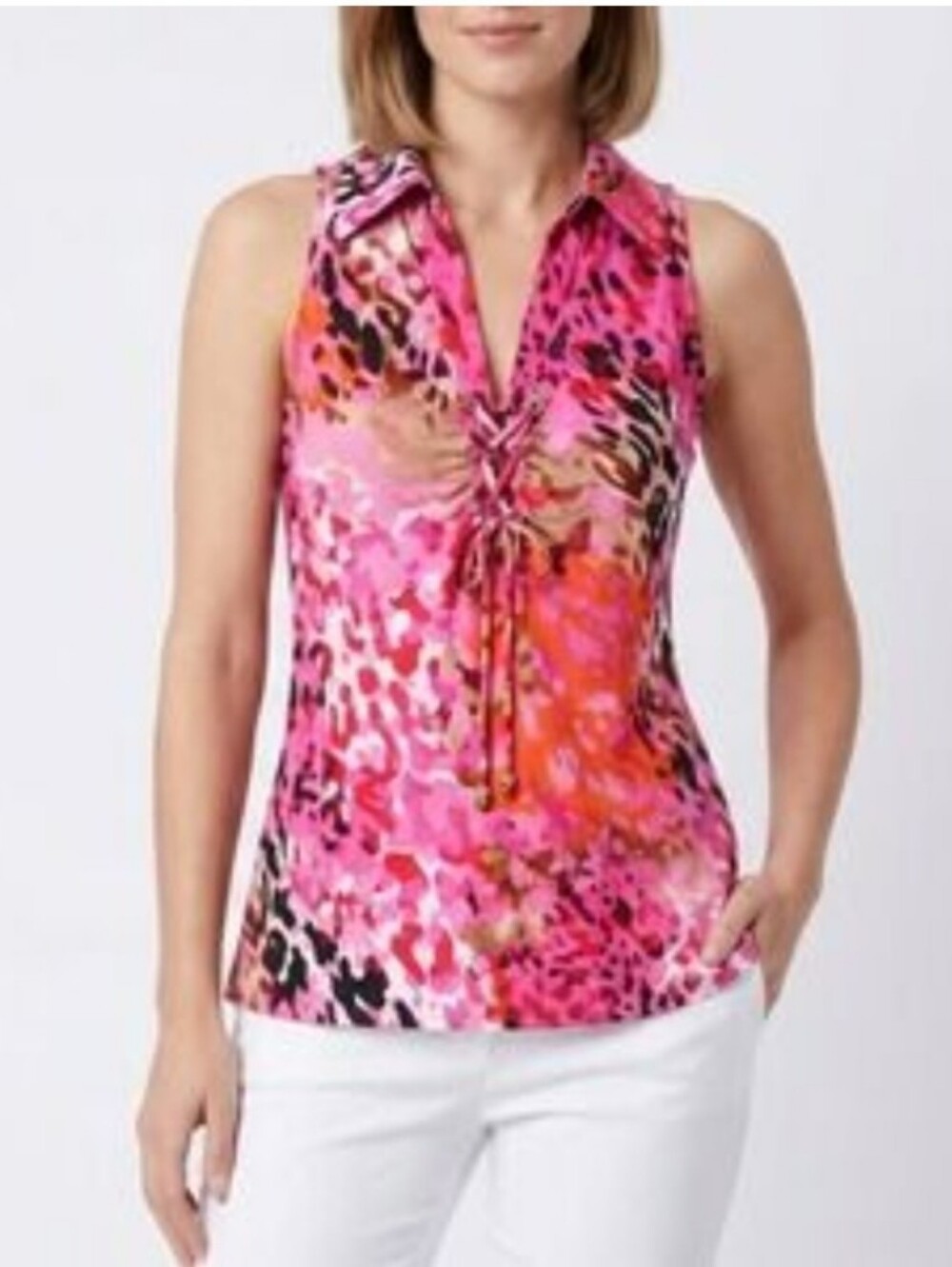 Cache Blouse Top Sleeveless Jersey Pink Tan White Animal Print V neck Lace up XS